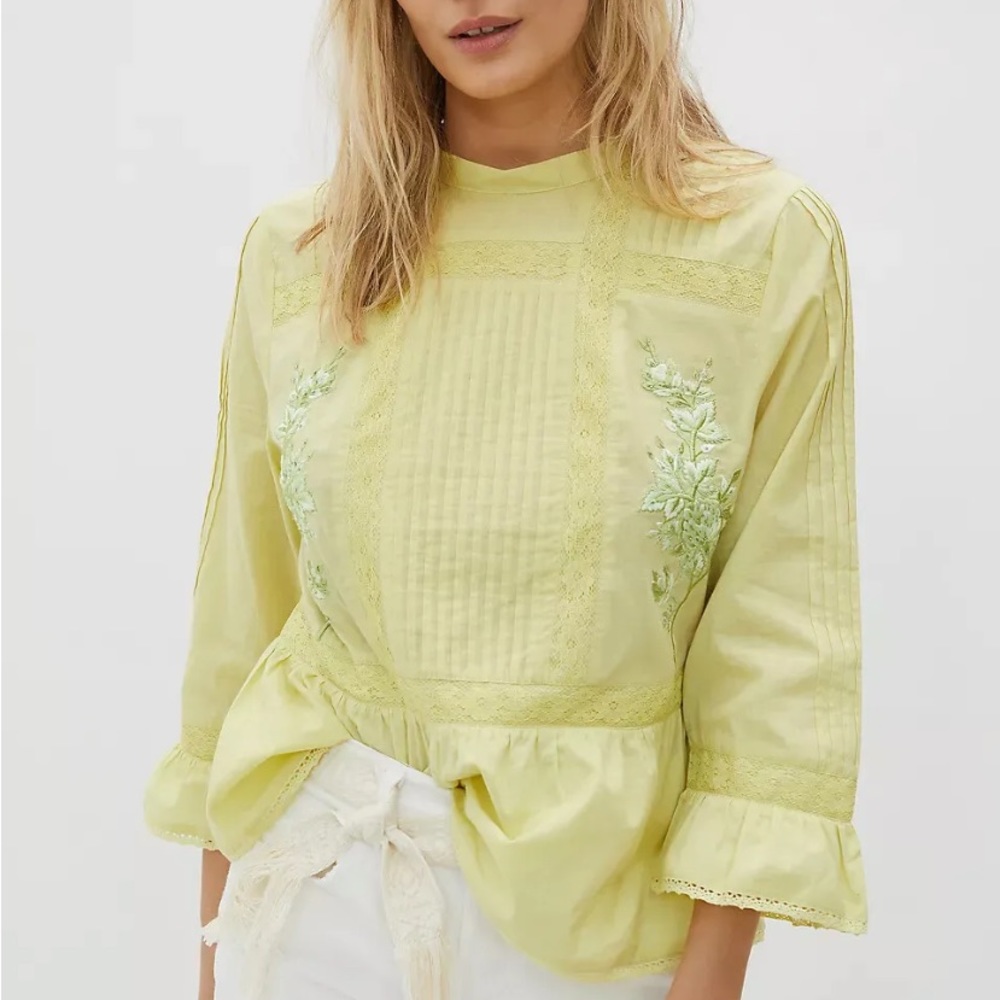 Anthro Duet Pastel Green Embroidered Beaded Crochet Lace Ruffle Blouse Top - Picture 3 of 8